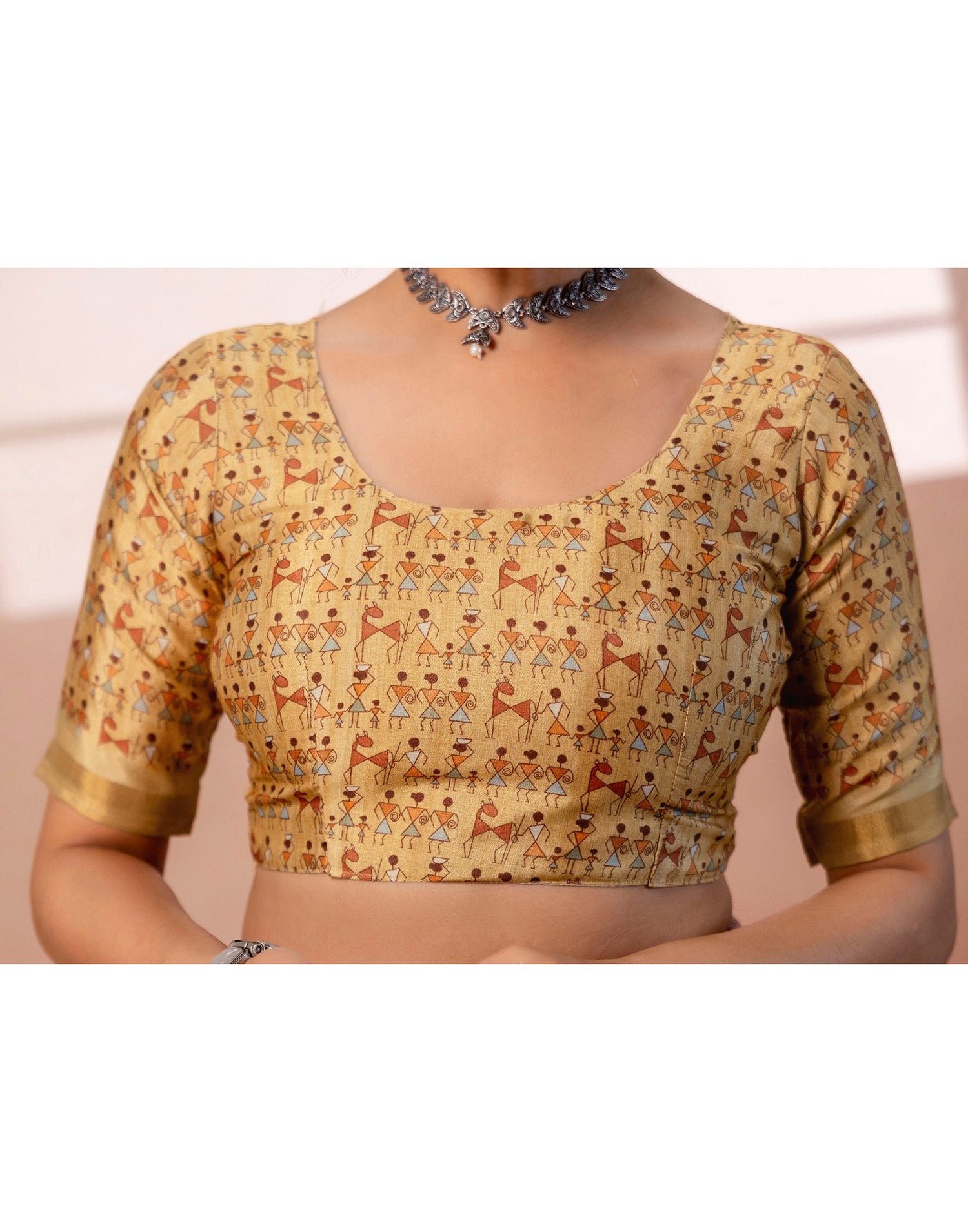 Beige Silk Warli Printed Zari Border Saree