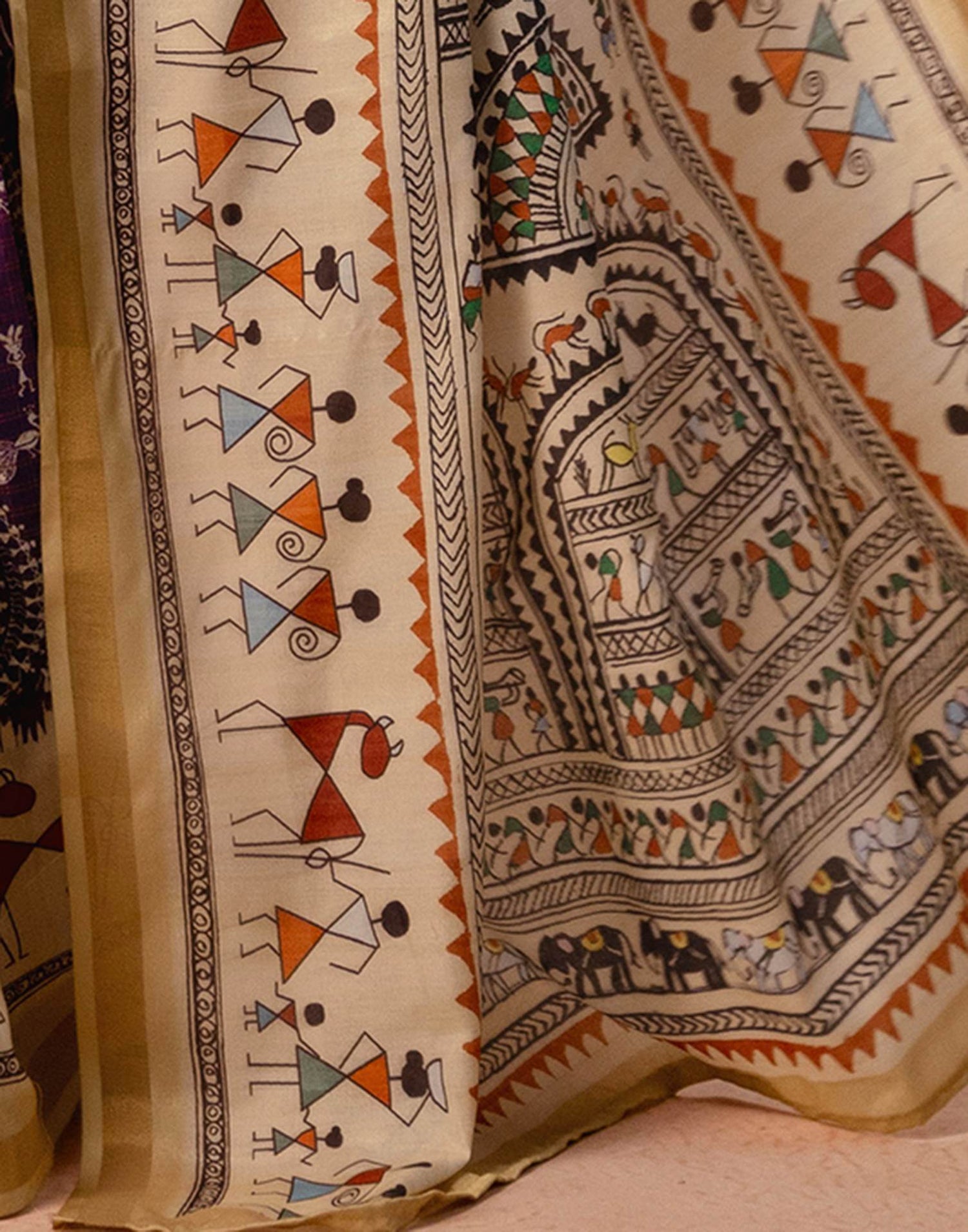 Beige Silk Warli Printed Zari Border Saree