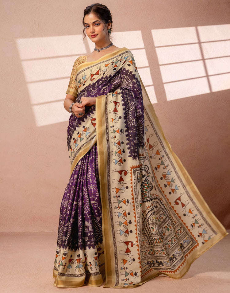 Beige Silk Warli Printed Zari Border Saree
