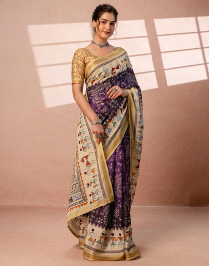 Beige Silk Warli Printed Zari Border Saree
