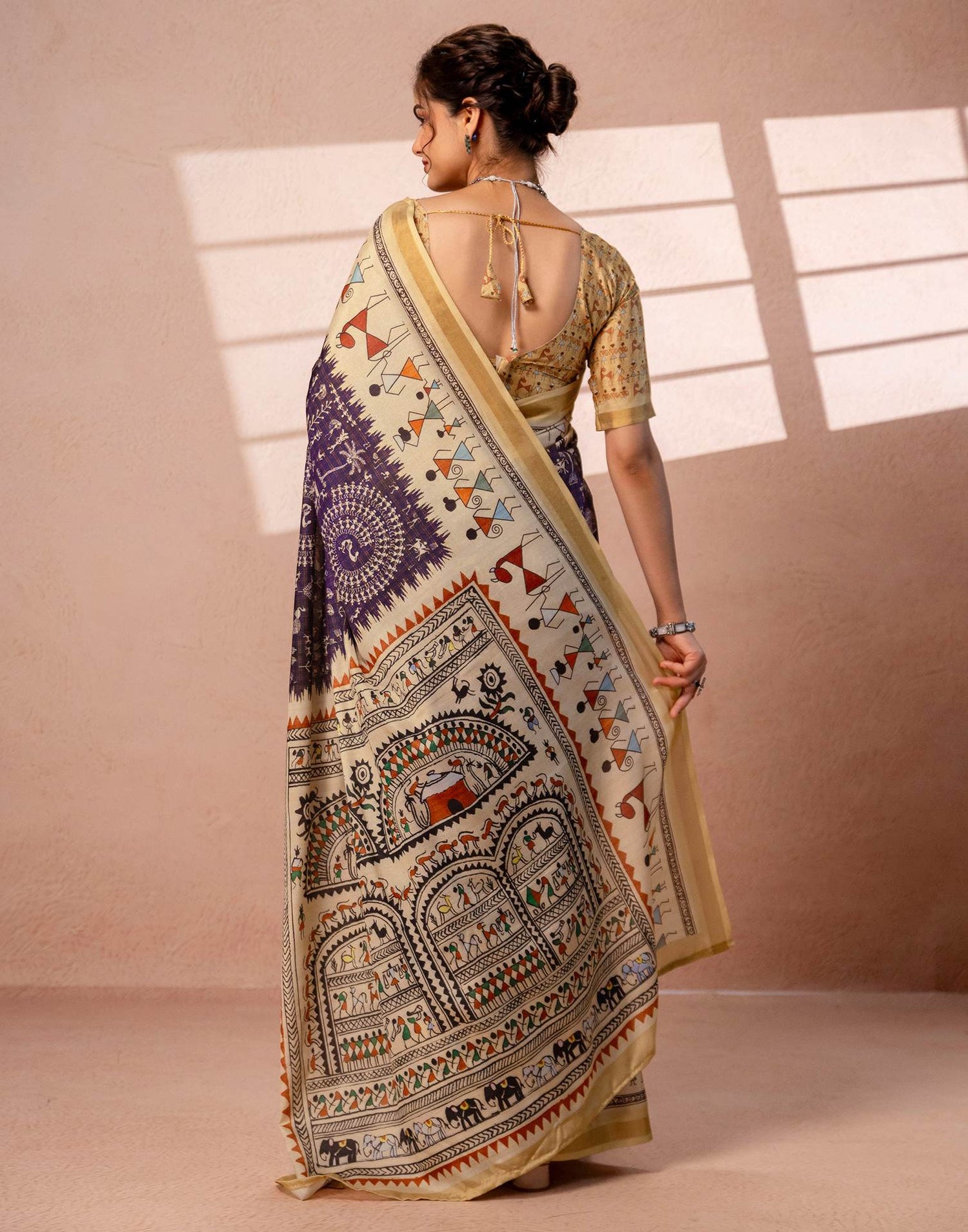 Beige Silk Warli Printed Zari Border Saree