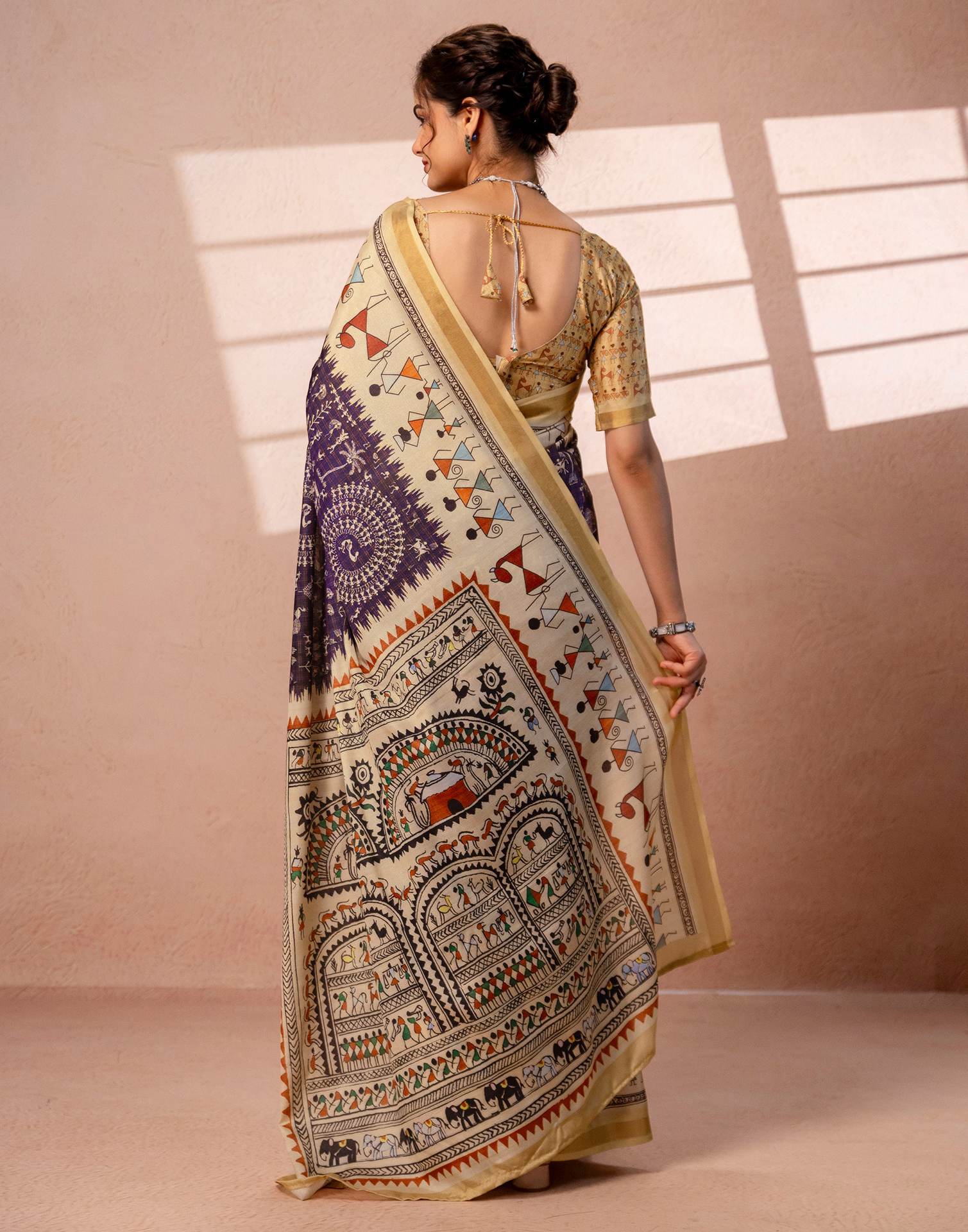 Beige Silk Warli Printed Zari Border Saree