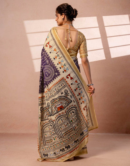 Beige Silk Warli Printed Zari Border Saree
