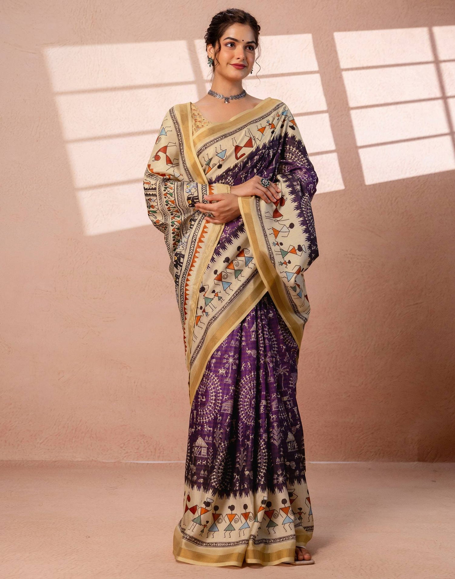 Beige Silk Warli Printed Zari Border Saree