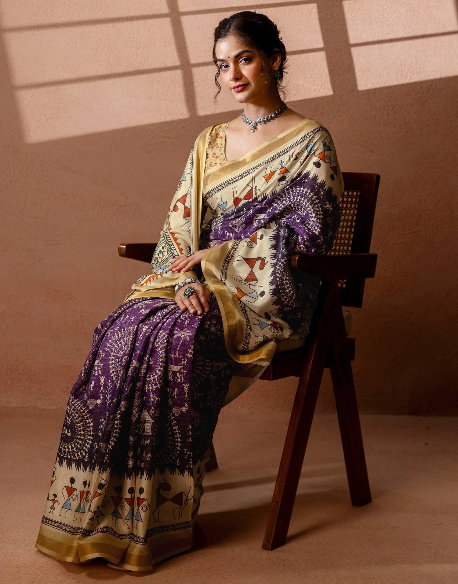 Beige Silk Warli Printed Zari Border Saree