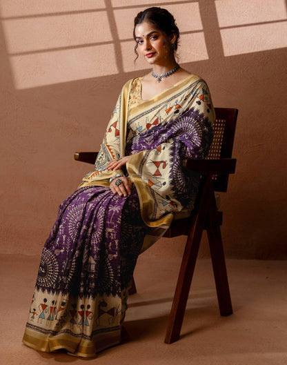 Beige Silk Warli Printed Zari Border Saree