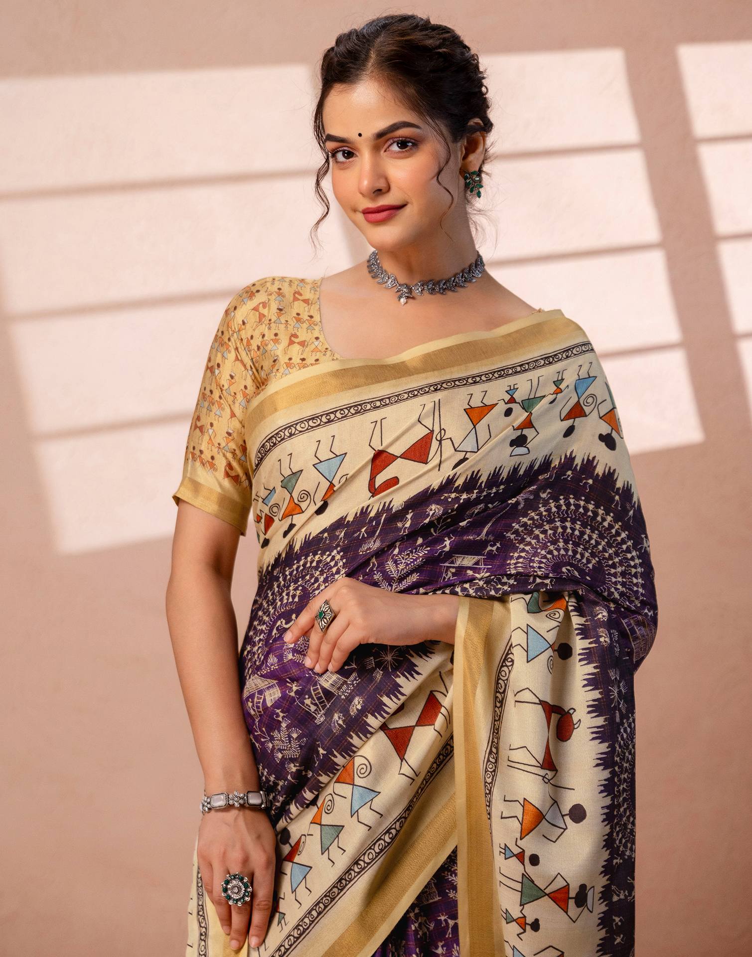 Beige Silk Warli Printed Zari Border Saree