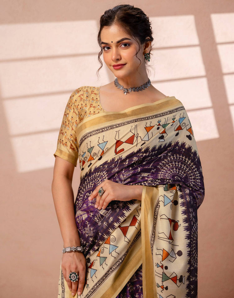 Beige Silk Warli Printed Zari Border Saree