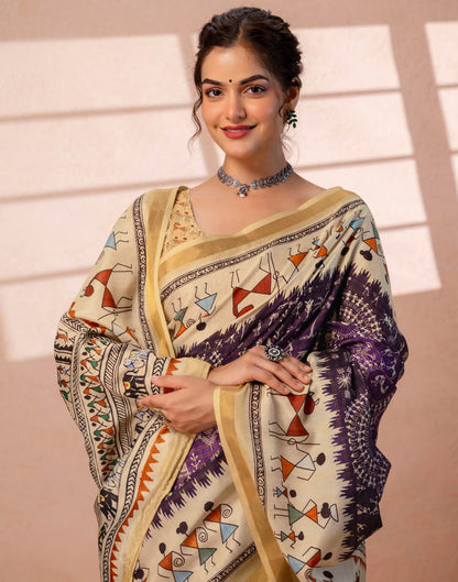 Beige Silk Warli Printed Zari Border Saree
