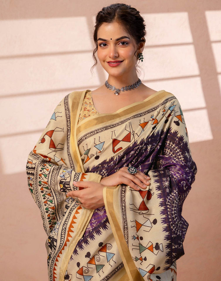 Beige Silk Warli Printed Zari Border Saree