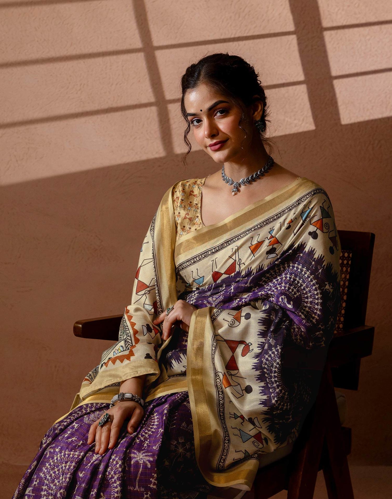 Beige Silk Warli Printed Zari Border Saree