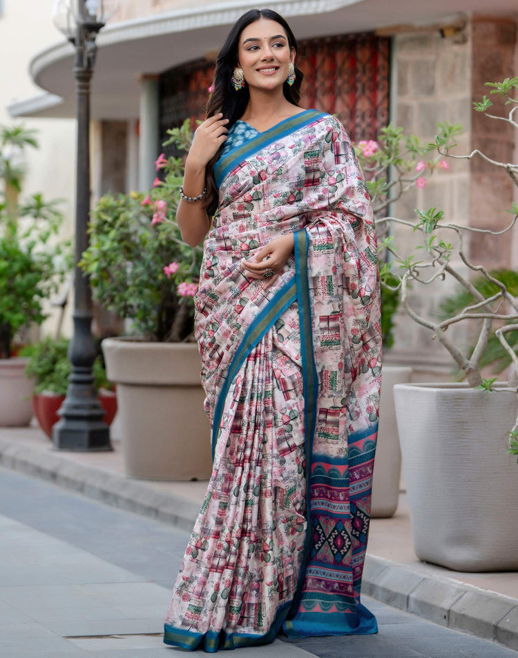 Light Pink Silk Printed Zari Border Saree