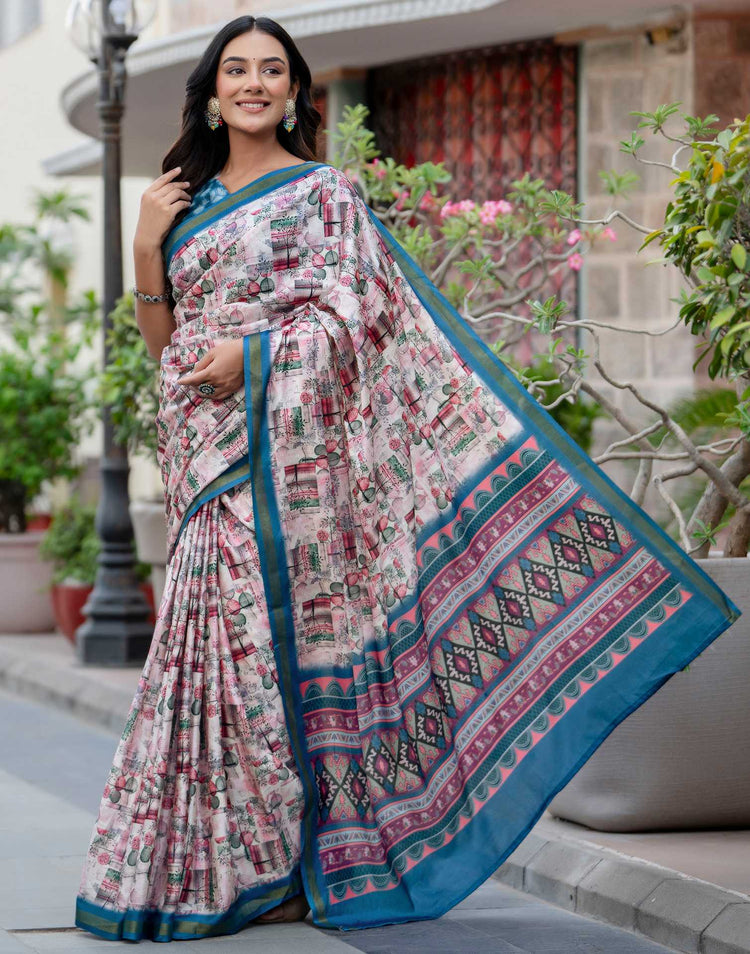 Light Pink Silk Printed Zari Border Saree