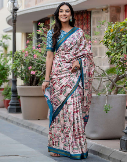 Light Pink Silk Printed Zari Border Saree