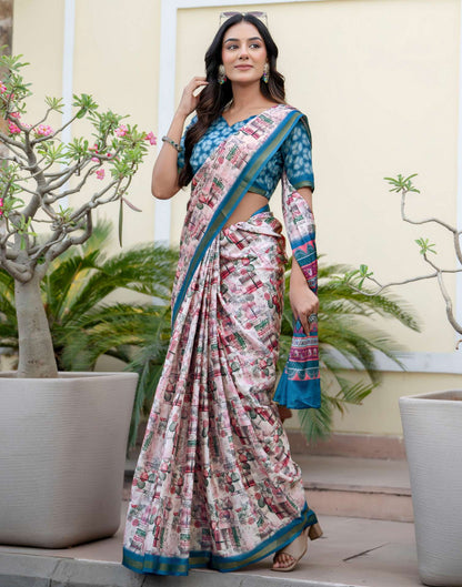 Light Pink Silk Printed Zari Border Saree