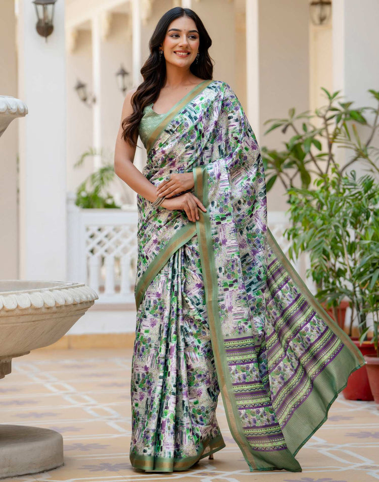 Off White Silk Printed Zari Border Saree