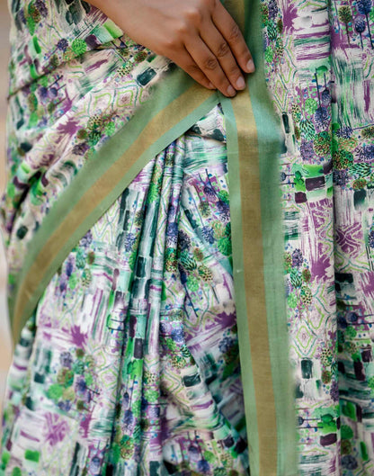 Off White Silk Printed Zari Border Saree