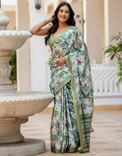 Off White Silk Printed Zari Border Saree