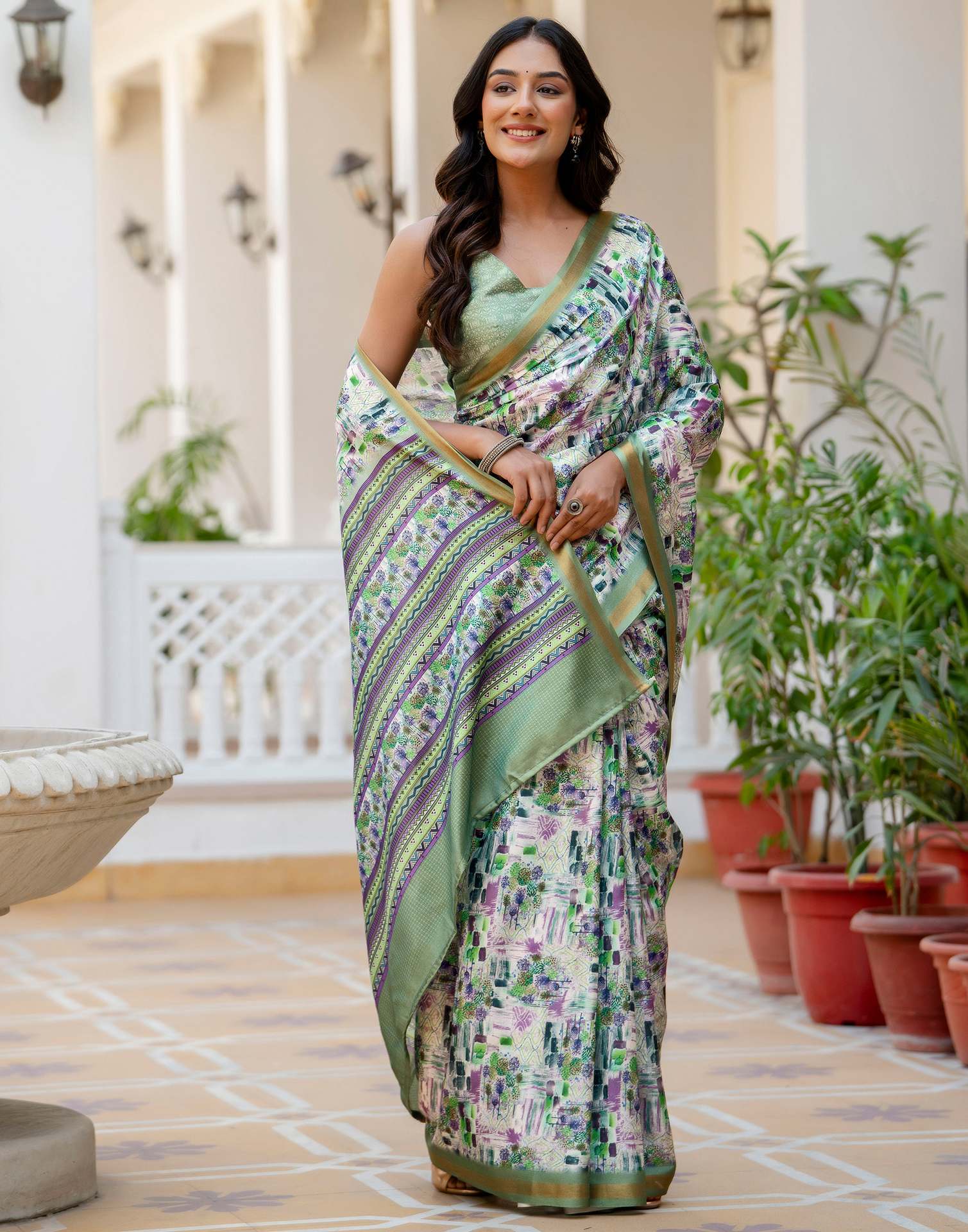 Off White Silk Printed Zari Border Saree