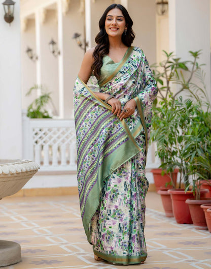 Off White Silk Printed Zari Border Saree