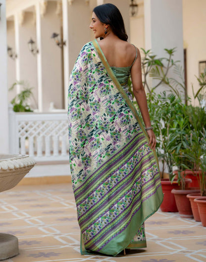 Off White Silk Printed Zari Border Saree