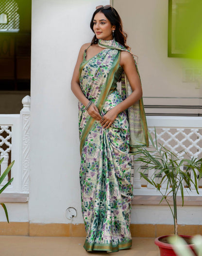 Off White Silk Printed Zari Border Saree