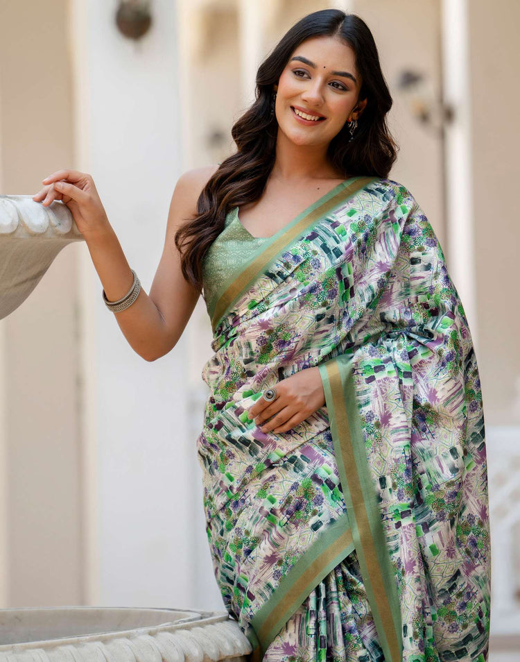 Off White Silk Printed Zari Border Saree