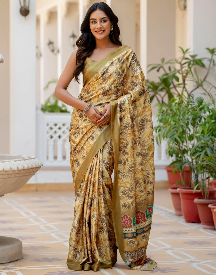 Mustard Yellow Silk Printed Zari Border Saree