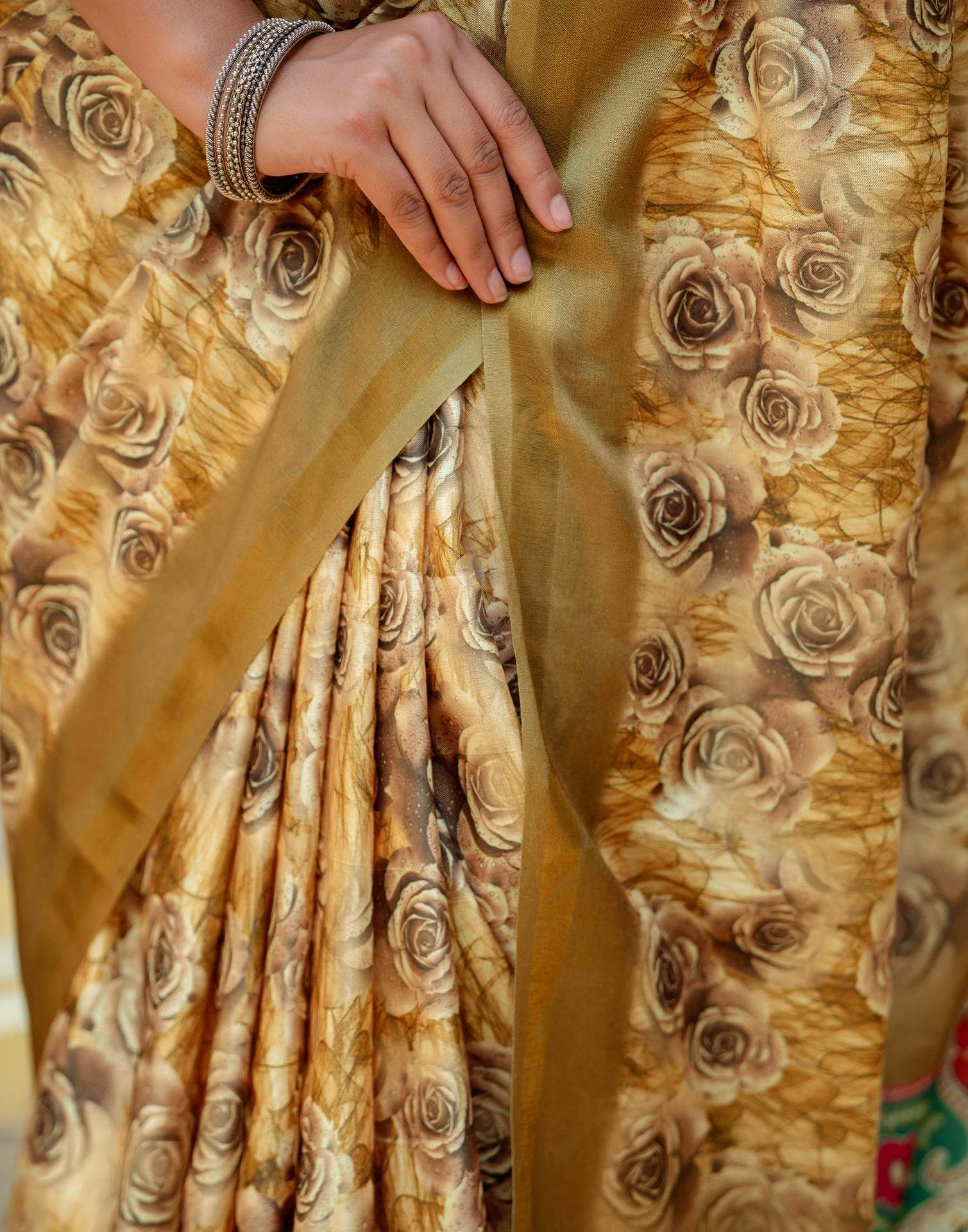 Mustard Silk Printed Zari Border Saree