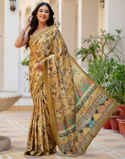 Mustard Silk Printed Zari Border Saree