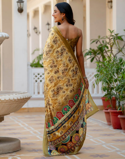 Mustard Silk Printed Zari Border Saree