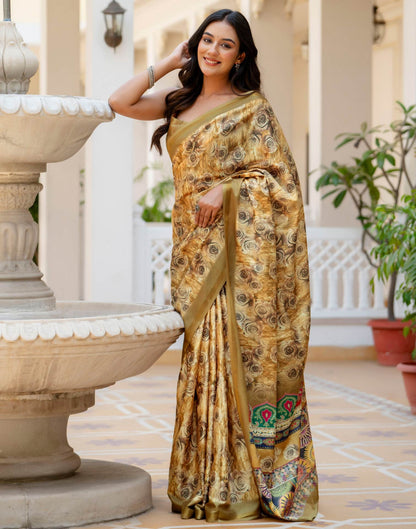 Mustard Silk Printed Zari Border Saree