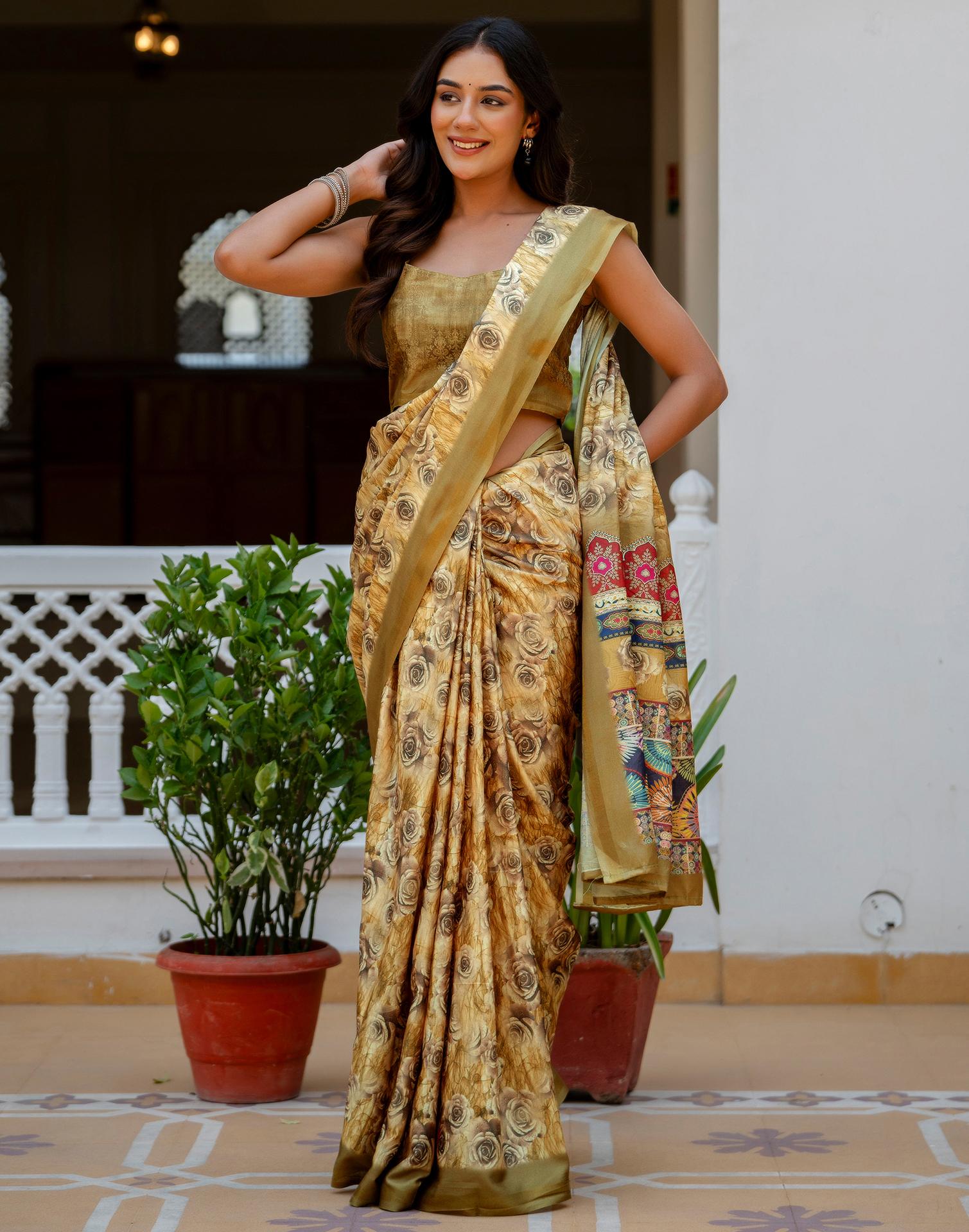 Mustard Silk Printed Zari Border Saree