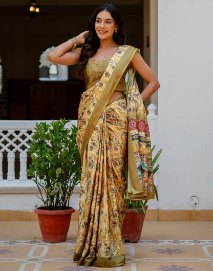 Mustard Silk Printed Zari Border Saree