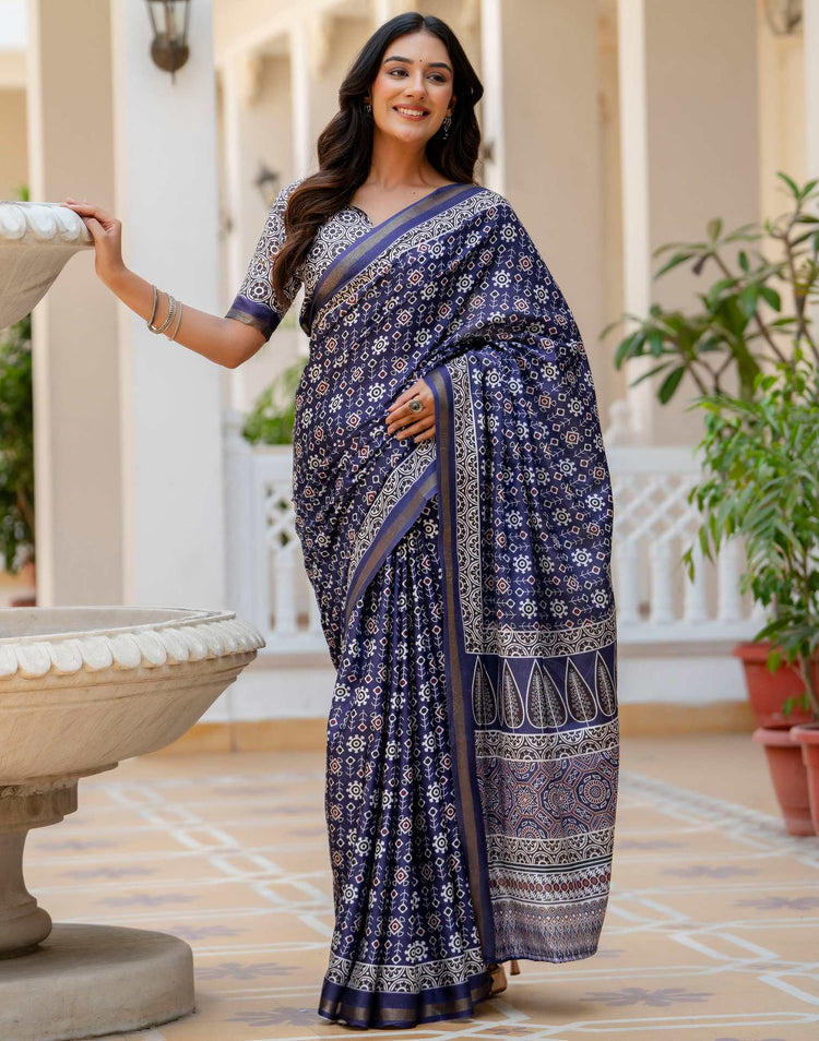 Navy Blue Silk Printed Zari Border Saree