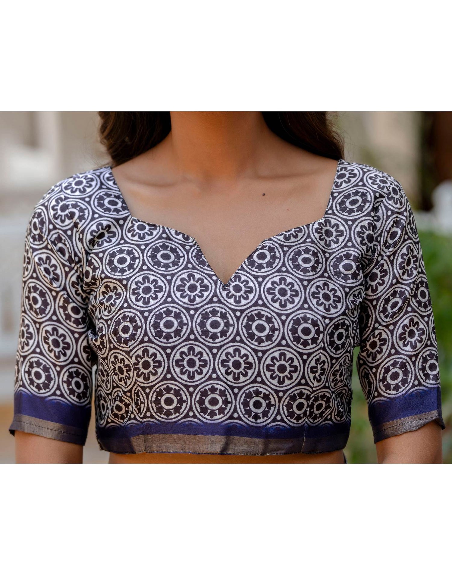 Navy Blue Silk Printed Zari Border Saree