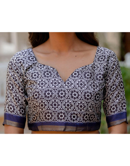 Navy Blue Silk Printed Zari Border Saree
