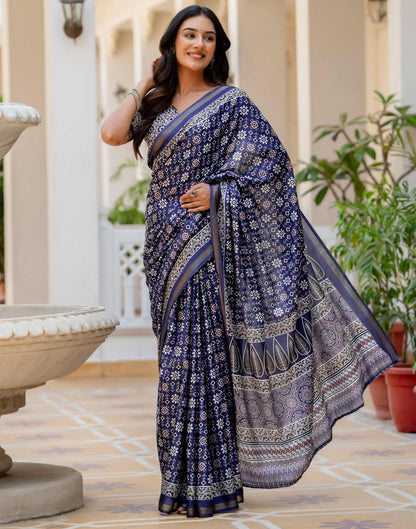 Navy Blue Silk Printed Zari Border Saree