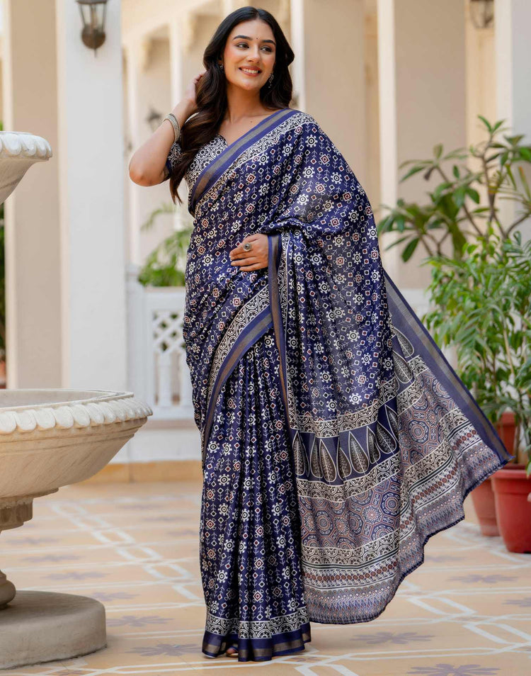 Navy Blue Silk Printed Zari Border Saree