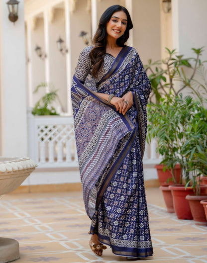 Navy Blue Silk Printed Zari Border Saree