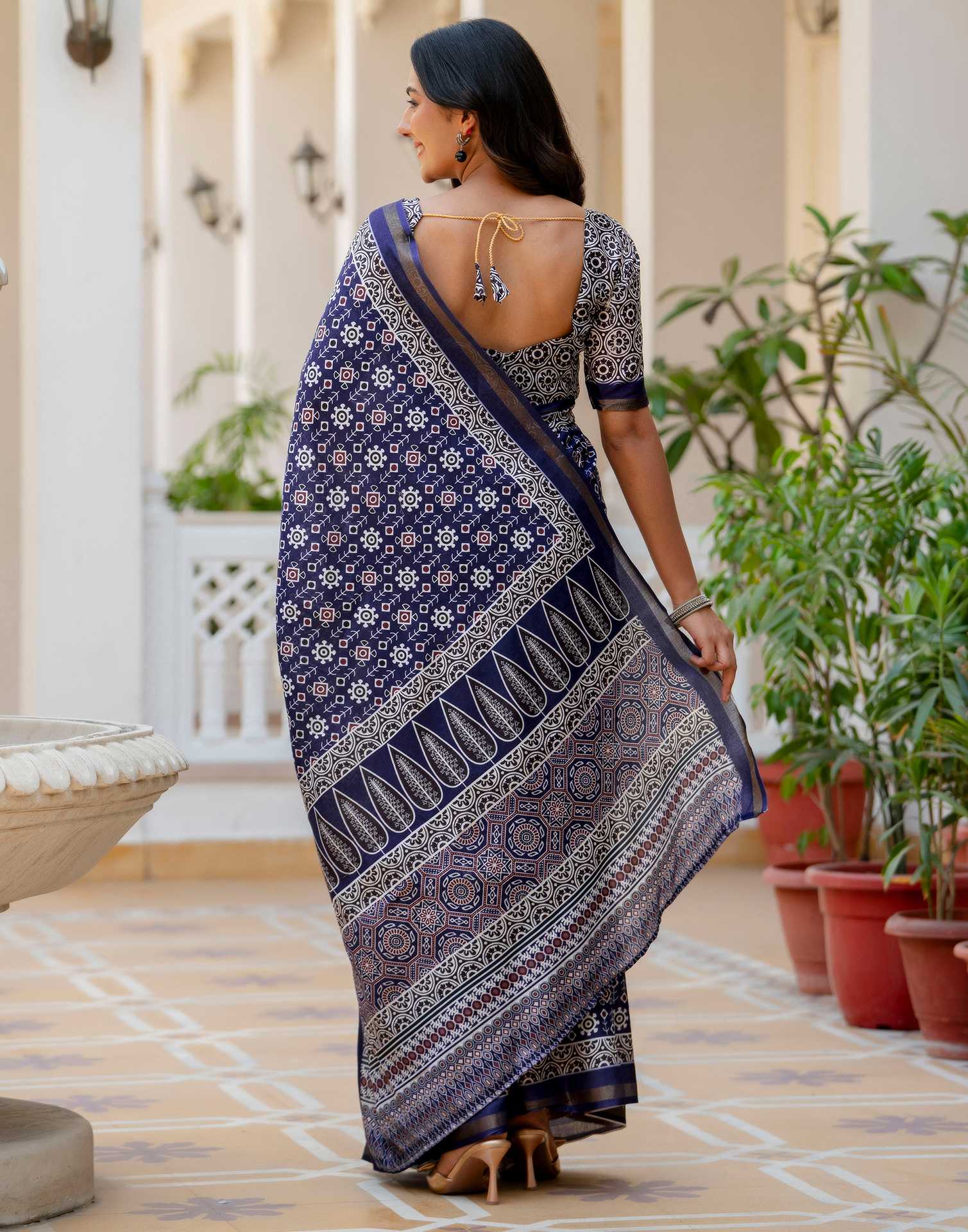 Navy Blue Silk Printed Zari Border Saree