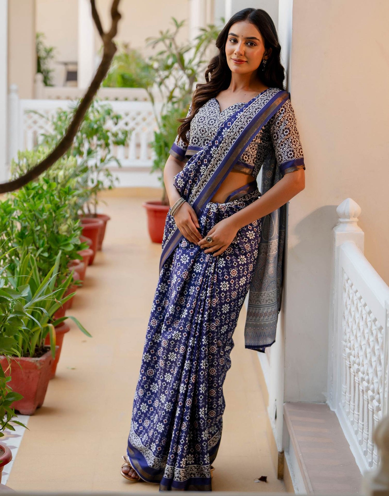 Navy Blue Silk Printed Zari Border Saree