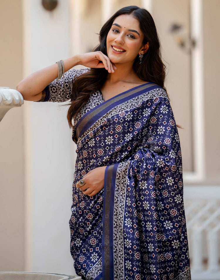 Navy Blue Silk Printed Zari Border Saree