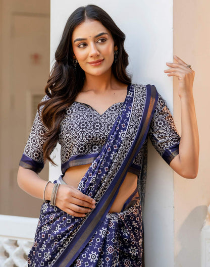 Navy Blue Silk Printed Zari Border Saree