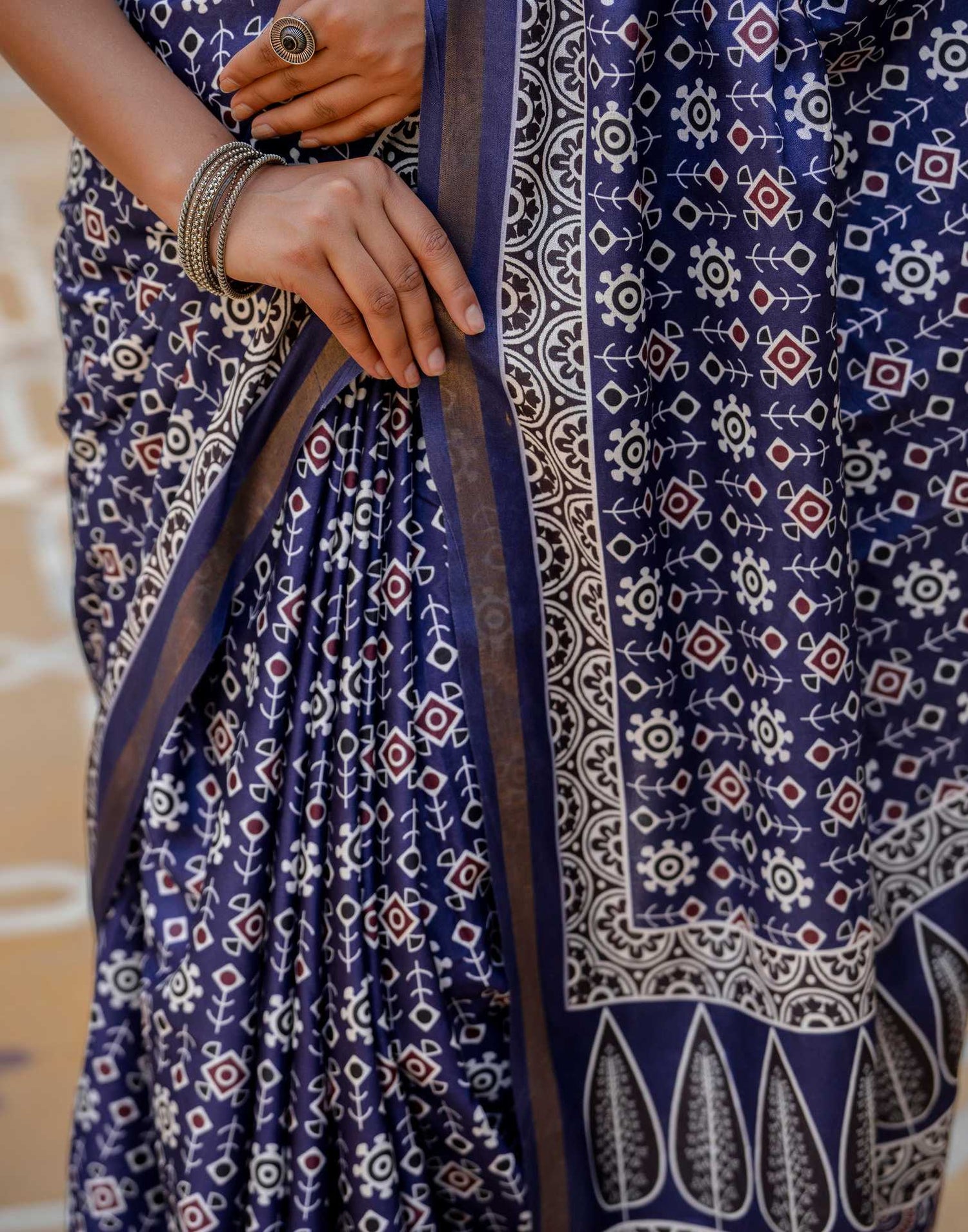 Navy Blue Silk Printed Zari Border Saree