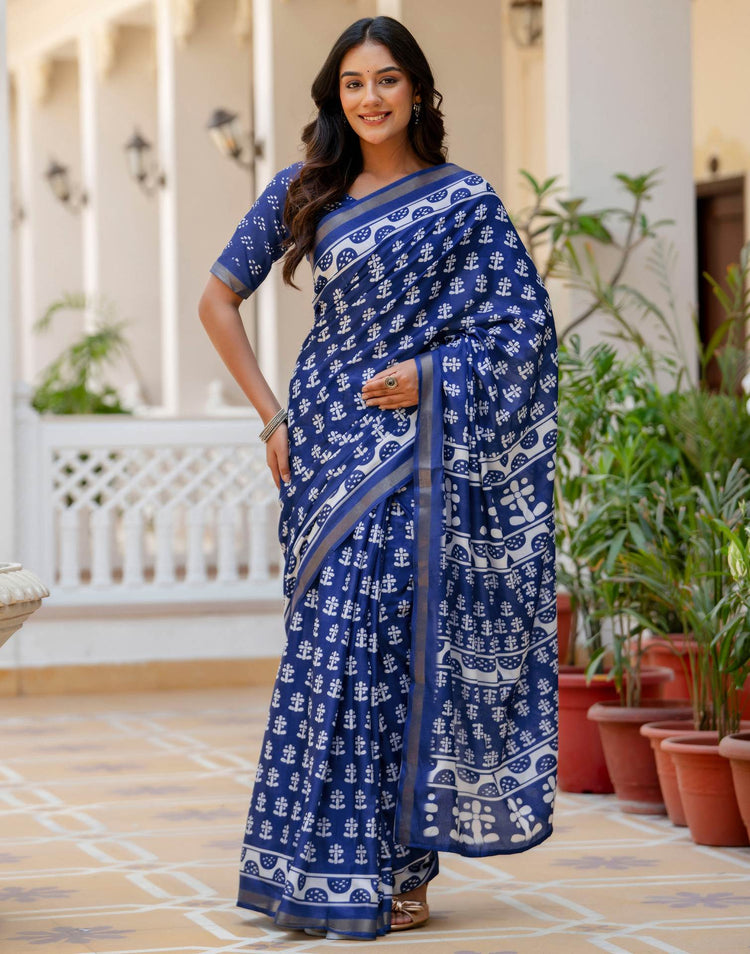 Blue Silk Printed Zari Border Saree