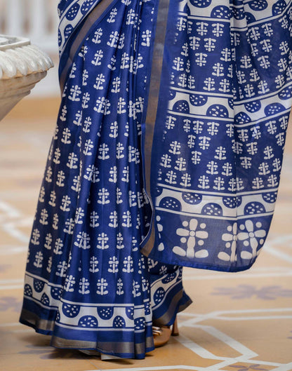 Blue Silk Printed Zari Border Saree