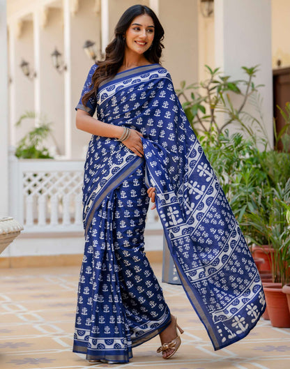 Blue Silk Printed Zari Border Saree