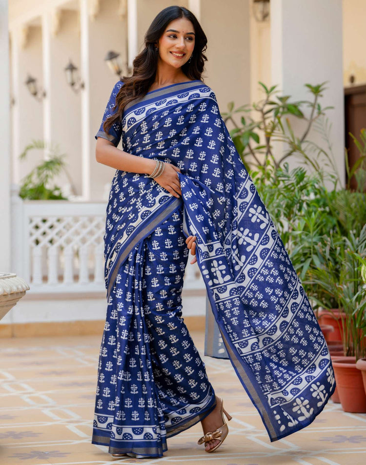 Blue Silk Printed Zari Border Saree