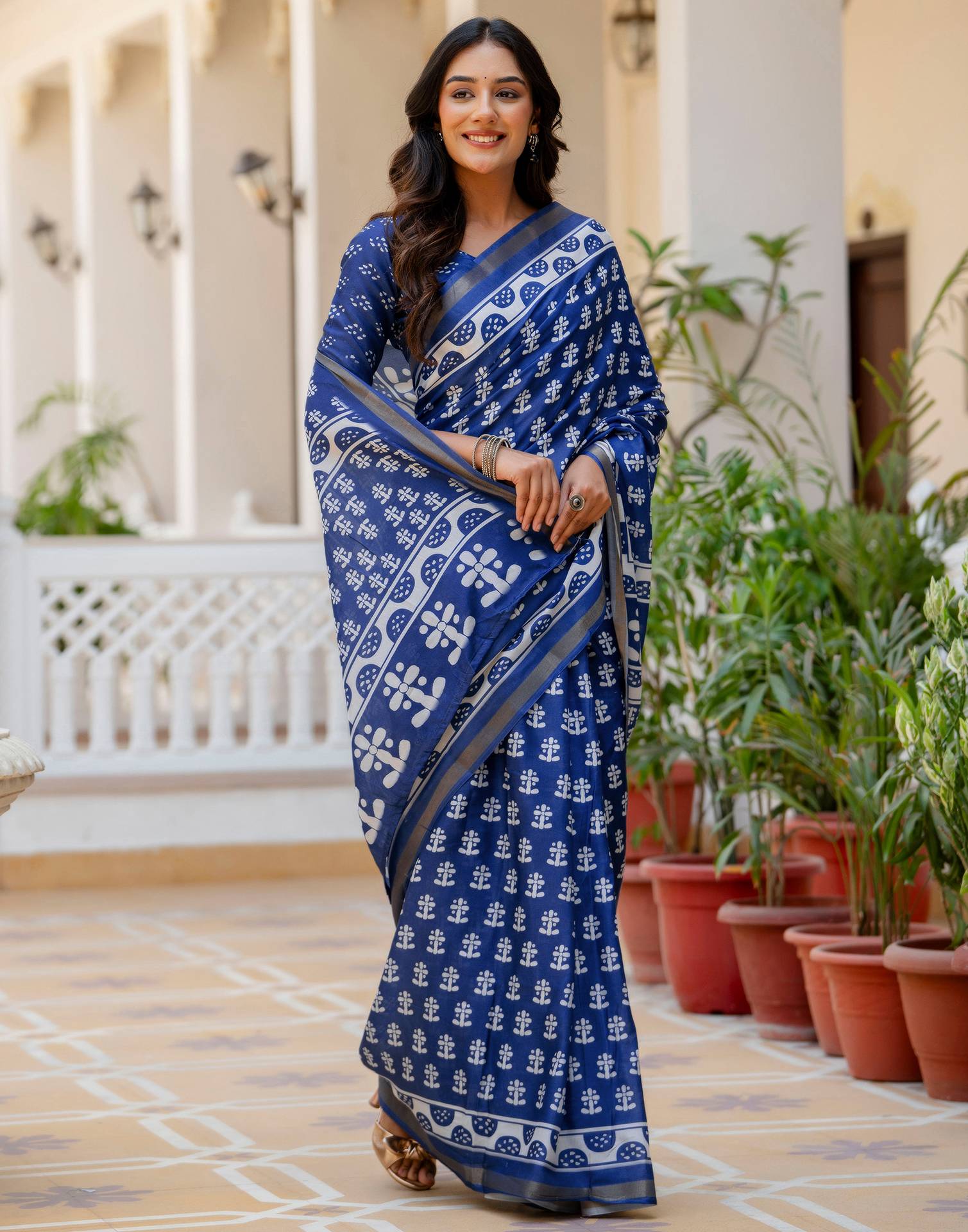 Blue Silk Printed Zari Border Saree